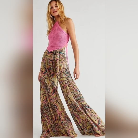 Free People One "ALOHA" Flowy PALLAZO High Waist Pants L Large - Picture 2 of 10